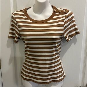 Veronica Beard Khaki/White Draya Stripe Rib Stretch Cotton Crew Neck Top Size S